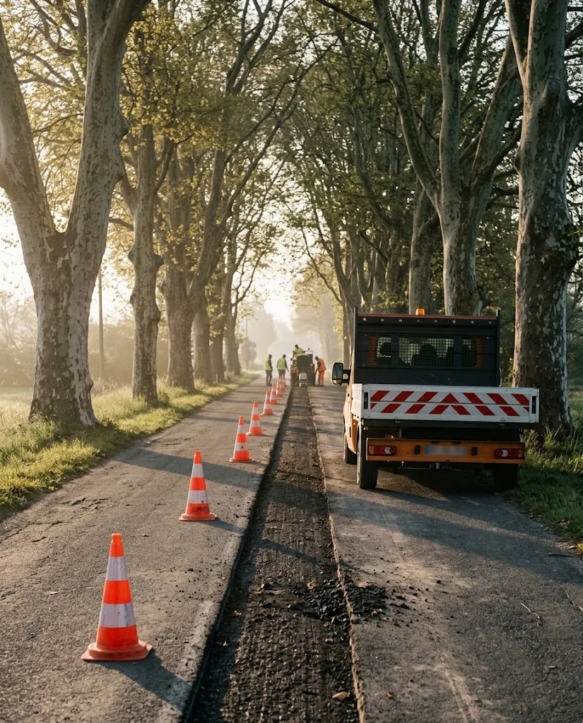 Chantier de réfection d'une route départementale bordée de platanes, cônes de signalisation et camionnette