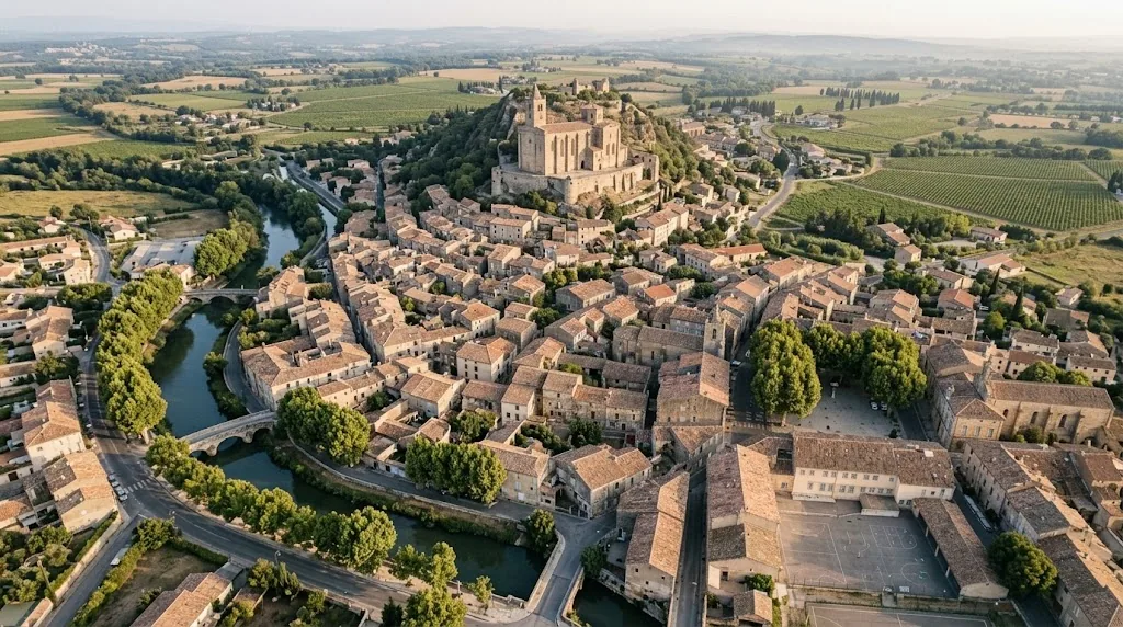 Vue aérienne d'une petite ville du sud de la France : toits, place, école, rivière et vignes